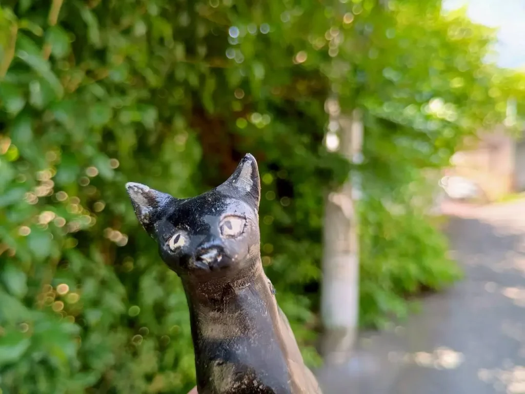 六角橋さんぽ 猫の置物と一緒に